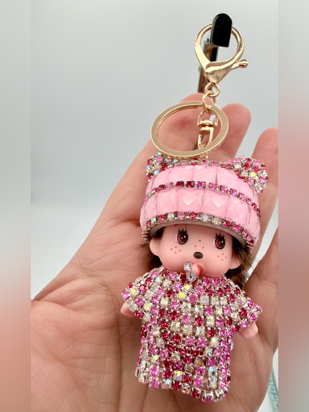 Monchhichi Style Crystal Rhinestone Doll Keychain Bag Charm Pink Bling Sparkle - Picture 2 of 6